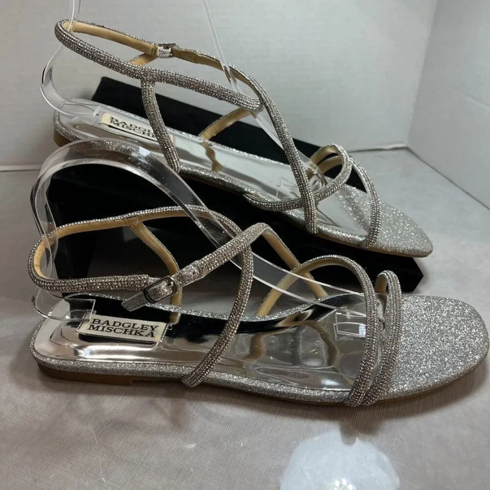 Badgley Mischka Crystal Strappy Flat Sandals Silver 10M